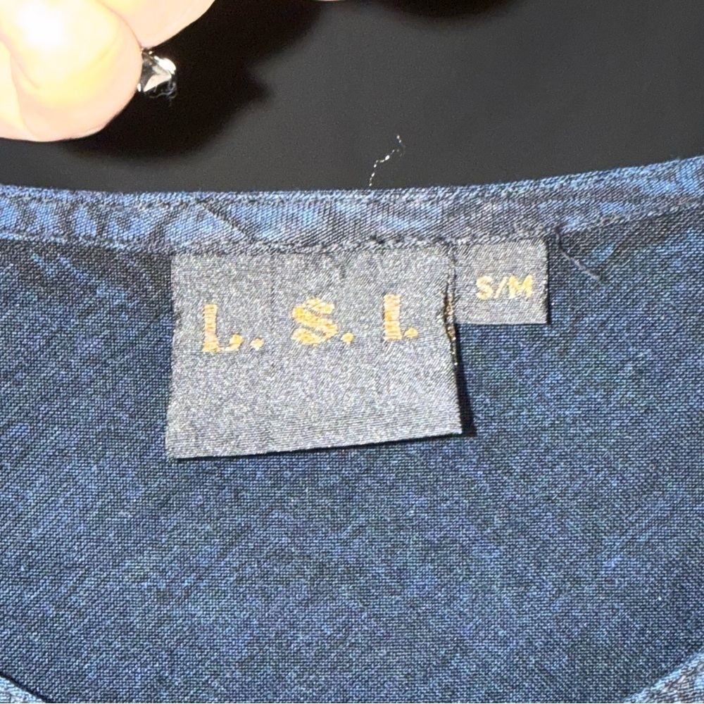 L.S.I. Prussian Blue Tunic Blouse w/ Black Embroidery S/M EUC - Picture 3 of 3